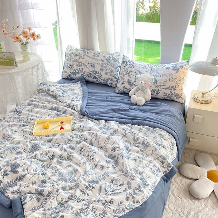 91家纺网 家纺一手货源 找家纺 慕尚家纺 2025新款A类超柔双层纱针织夏被四件套 兰花草