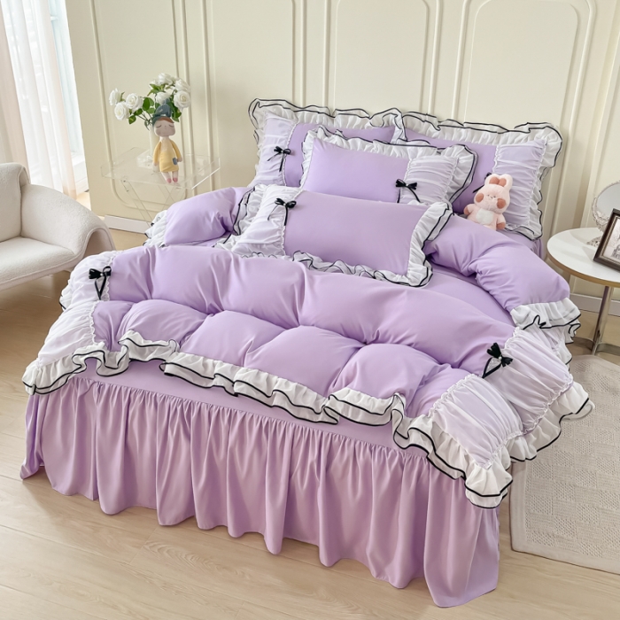 91家纺网 家纺一手货源 找家纺 乐卧 2026新款花漾褶皱网纱花边拼色黑蝴蝶款荷叶边四件套花漾-优雅紫