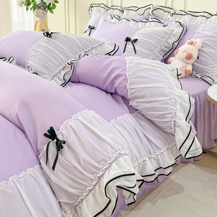 91家纺网 家纺一手货源 找家纺 乐卧 2026新款花漾褶皱网纱花边拼色黑蝴蝶款荷叶边四件套花漾-优雅紫