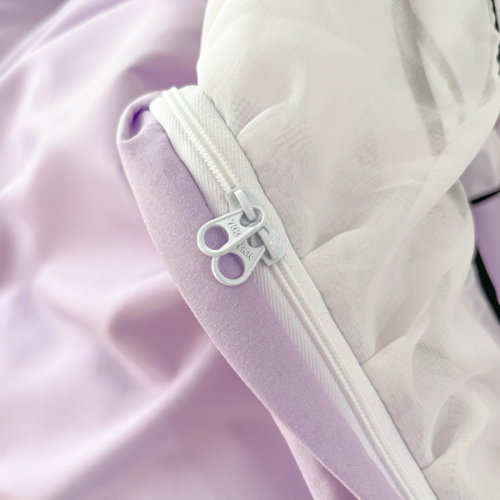 91家纺网 家纺一手货源 找家纺 乐卧 2026新款花漾褶皱网纱花边拼色黑蝴蝶款荷叶边四件套花漾-优雅紫