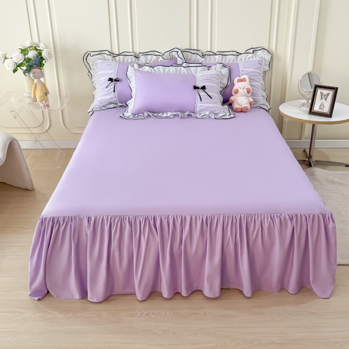 91家纺网 家纺一手货源 找家纺 乐卧 2026新款花漾褶皱网纱花边拼色黑蝴蝶款荷叶边四件套花漾-优雅紫