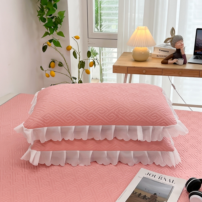 91家纺网 家纺一手货源 找家纺 梦舒羽2025新款夹棉花边双人枕套单人加厚短款枕芯套 豆沙