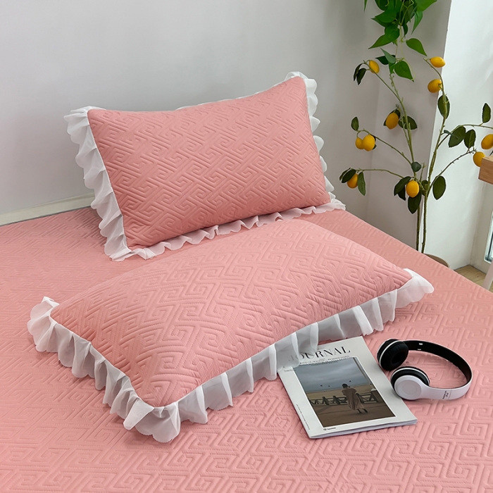 91家纺网 家纺一手货源 找家纺 梦舒羽2025新款夹棉花边双人枕套单人加厚短款枕芯套 豆沙