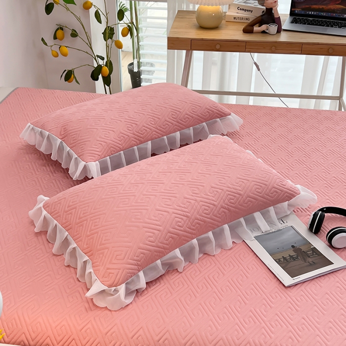 91家纺网 家纺一手货源 找家纺 梦舒羽2025新款夹棉花边双人枕套单人加厚短款枕芯套 豆沙