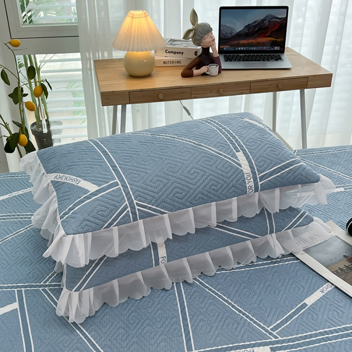 91家纺网 家纺一手货源 找家纺 梦舒羽2025新款夹棉花边双人枕套单人加厚短款枕芯套 格韵蓝