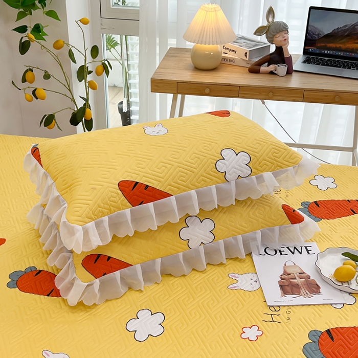 91家纺网 家纺一手货源 找家纺 梦舒羽2025新款夹棉花边双人枕套单人加厚短款枕芯套 萝卜黄