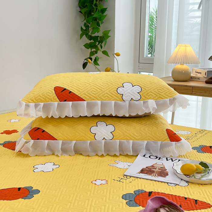 91家纺网 家纺一手货源 找家纺 梦舒羽2025新款夹棉花边双人枕套单人加厚短款枕芯套 萝卜黄