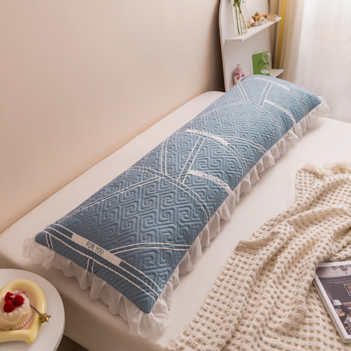 91家纺网 家纺一手货源 找家纺 梦舒羽2025新款夹棉花边双人枕套单人加厚长款枕芯套 格韵蓝