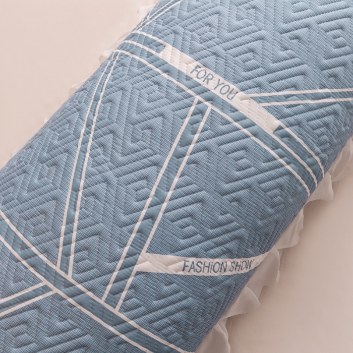 91家纺网 家纺一手货源 找家纺 梦舒羽2025新款夹棉花边双人枕套单人加厚长款枕芯套 格韵蓝