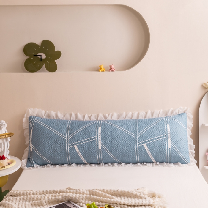 91家纺网 家纺一手货源 找家纺 梦舒羽2025新款夹棉花边双人枕套单人加厚长款枕芯套 格韵蓝