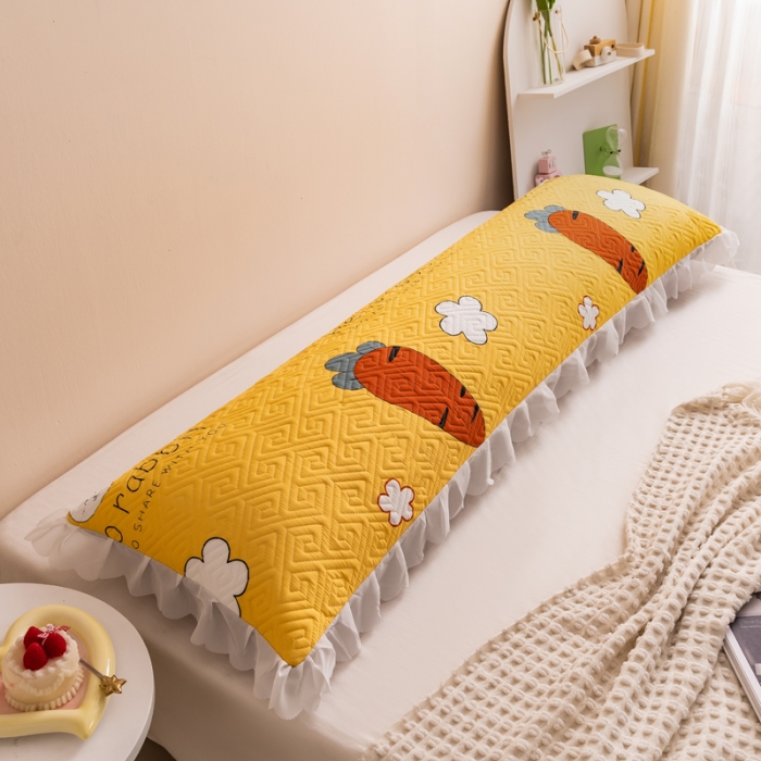 91家纺网 家纺一手货源 找家纺 梦舒羽2025新款夹棉花边双人枕套单人加厚长款枕芯套 萝卜黄