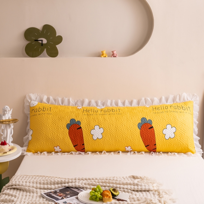 91家纺网 家纺一手货源 找家纺 梦舒羽2025新款夹棉花边双人枕套单人加厚长款枕芯套 萝卜黄