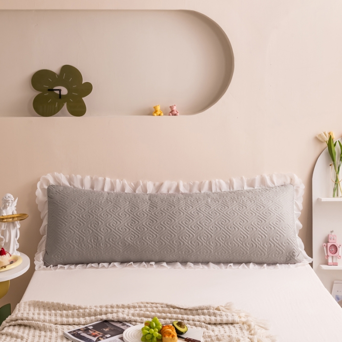 91家纺网 家纺一手货源 找家纺 梦舒羽2025新款夹棉花边双人枕套单人加厚长款枕芯套 浅灰