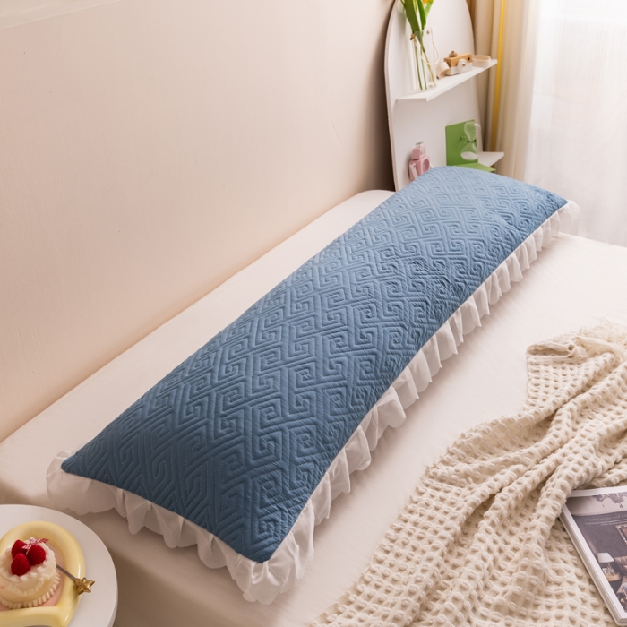 91家纺网 家纺一手货源 找家纺 梦舒羽2025新款夹棉花边双人枕套单人加厚长款枕芯套 浅蓝