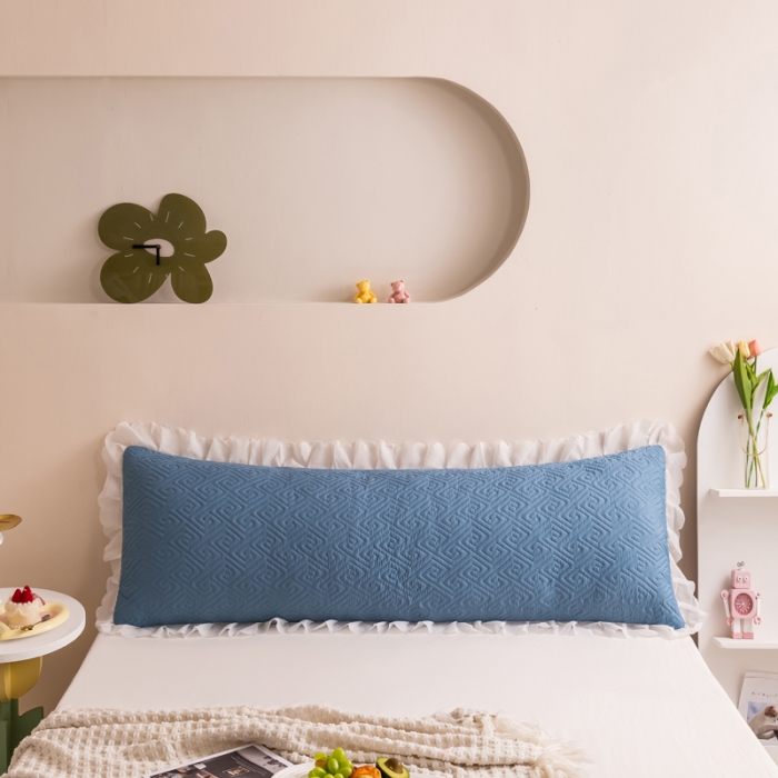 91家纺网 家纺一手货源 找家纺 梦舒羽2025新款夹棉花边双人枕套单人加厚长款枕芯套 浅蓝