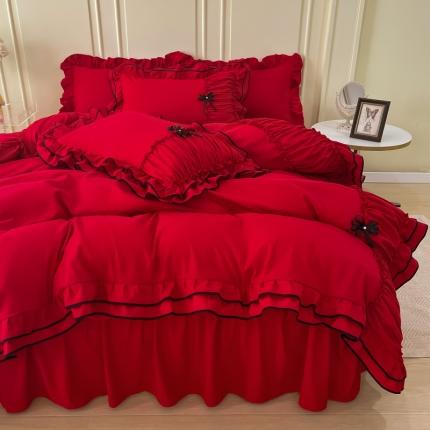 91家纺网 家纺一手货源 找家纺 （总）乐卧 2026新款花漾褶皱网纱花边拼色黑蝴蝶款荷叶边四件套