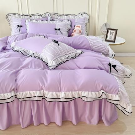 91家纺网 家纺一手货源 找家纺 （总）乐卧 2026新款花漾褶皱网纱花边拼色黑蝴蝶款荷叶边四件套