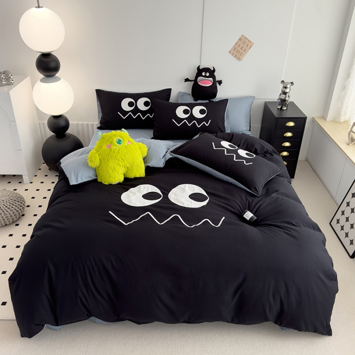 91家纺网 家纺一手货源 找家纺 曼谷 贴布绣四件套小怪兽柔软磨毛床上用品水洗棉套件 小怪兽-黑糖海盐