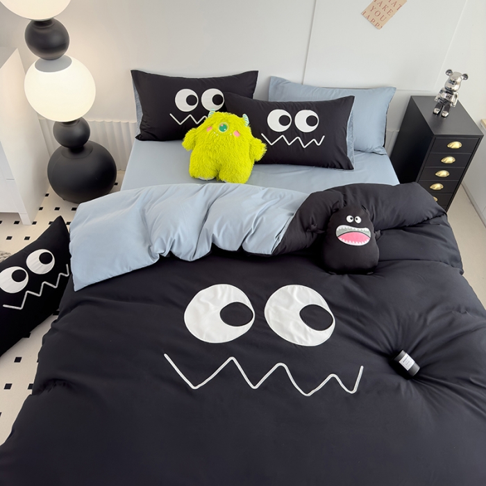 91家纺网 家纺一手货源 找家纺 曼谷 贴布绣四件套小怪兽柔软磨毛床上用品水洗棉套件 小怪兽-黑糖海盐