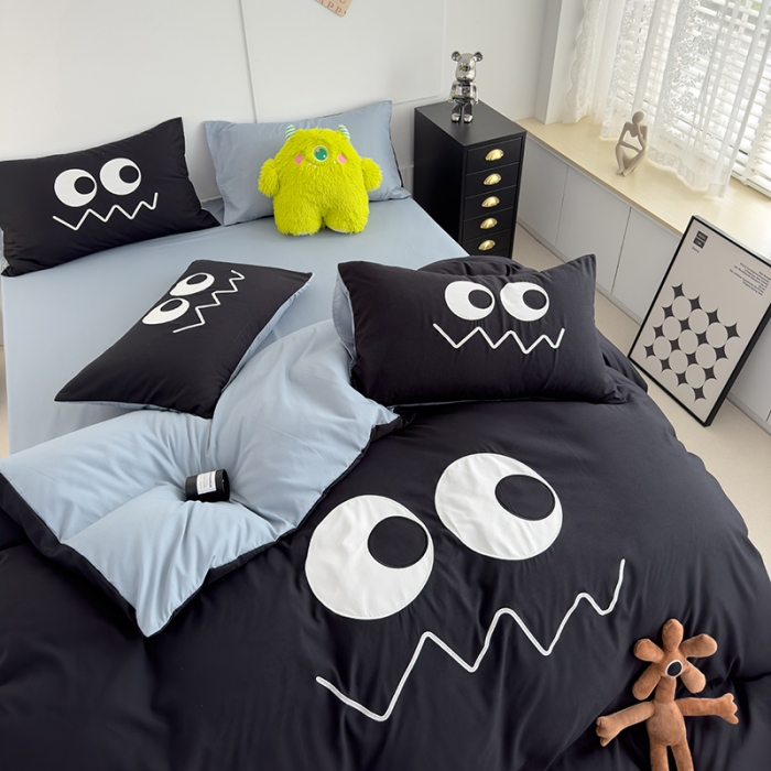 91家纺网 家纺一手货源 找家纺 曼谷 贴布绣四件套小怪兽柔软磨毛床上用品水洗棉套件 小怪兽-黑糖海盐