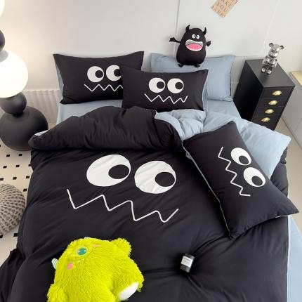 曼谷 贴布绣四件套小怪兽柔软磨毛床上用品水洗棉套件 小怪兽-黑糖海盐
