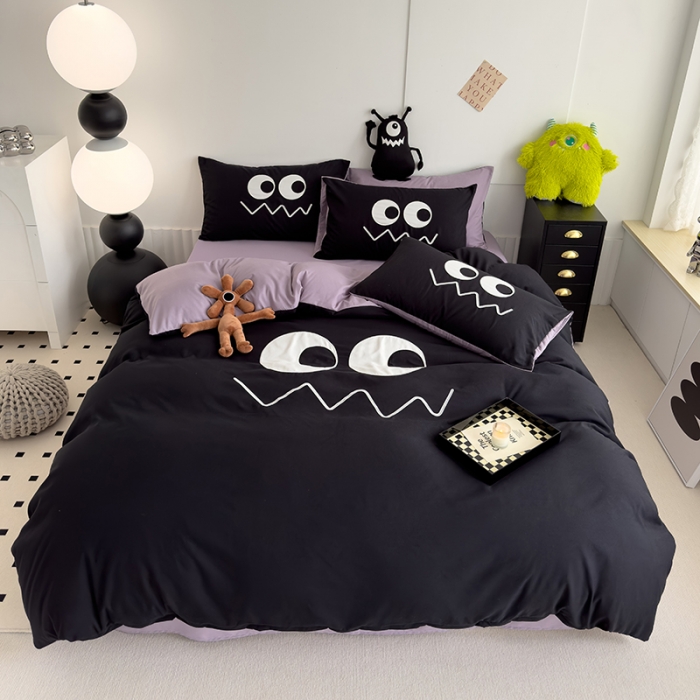 91家纺网 家纺一手货源 找家纺 曼谷 贴布绣四件套小怪兽柔软磨毛床上用品水洗棉套件 小怪兽-黑糖香芋