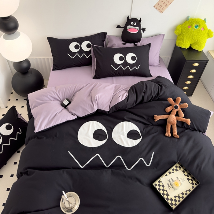 91家纺网 家纺一手货源 找家纺 曼谷 贴布绣四件套小怪兽柔软磨毛床上用品水洗棉套件 小怪兽-黑糖香芋