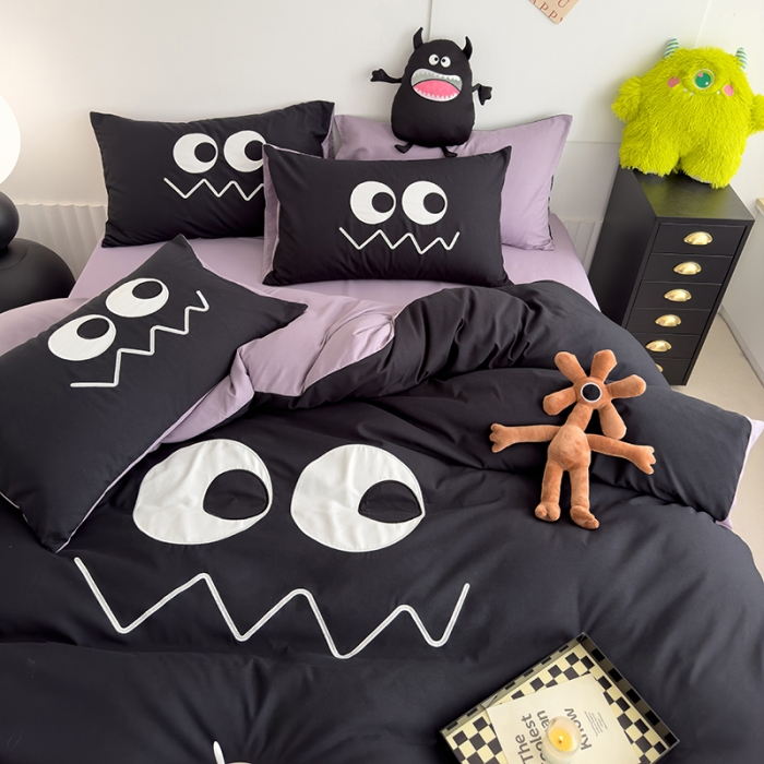 91家纺网 家纺一手货源 找家纺 曼谷 贴布绣四件套小怪兽柔软磨毛床上用品水洗棉套件 小怪兽-黑糖香芋