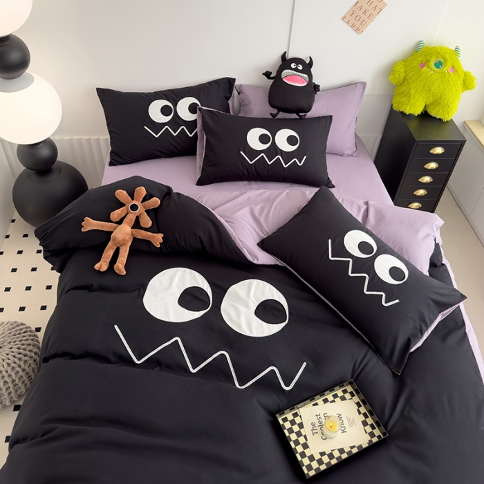 91家纺网 家纺一手货源 找家纺 曼谷 贴布绣四件套小怪兽柔软磨毛床上用品水洗棉套件 小怪兽-黑糖香芋