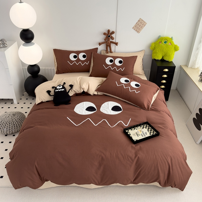 91家纺网 家纺一手货源 找家纺 曼谷 贴布绣四件套小怪兽柔软磨毛床上用品水洗棉套件 小怪兽-焦糖奶杏