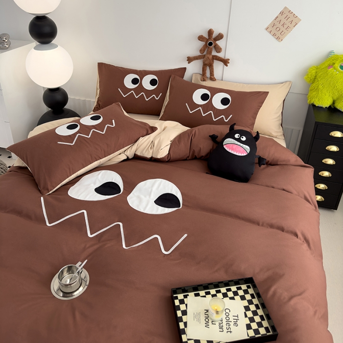 91家纺网 家纺一手货源 找家纺 曼谷 贴布绣四件套小怪兽柔软磨毛床上用品水洗棉套件 小怪兽-焦糖奶杏