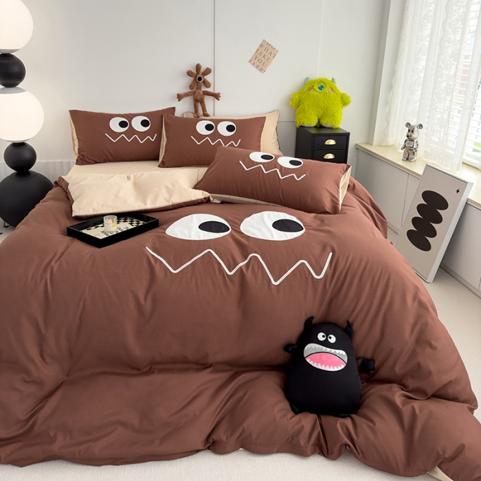 91家纺网 家纺一手货源 找家纺 曼谷 贴布绣四件套小怪兽柔软磨毛床上用品水洗棉套件 小怪兽-焦糖奶杏