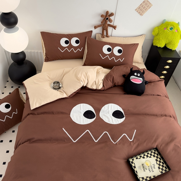 91家纺网 家纺一手货源 找家纺 曼谷 贴布绣四件套小怪兽柔软磨毛床上用品水洗棉套件 小怪兽-焦糖奶杏