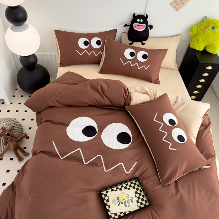 91家纺网 家纺一手货源 找家纺 曼谷 贴布绣四件套小怪兽柔软磨毛床上用品水洗棉套件 小怪兽-焦糖奶杏