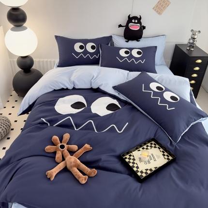 曼谷 贴布绣四件套小怪兽柔软磨毛床上用品水洗棉套件 小怪兽-可可浅蓝