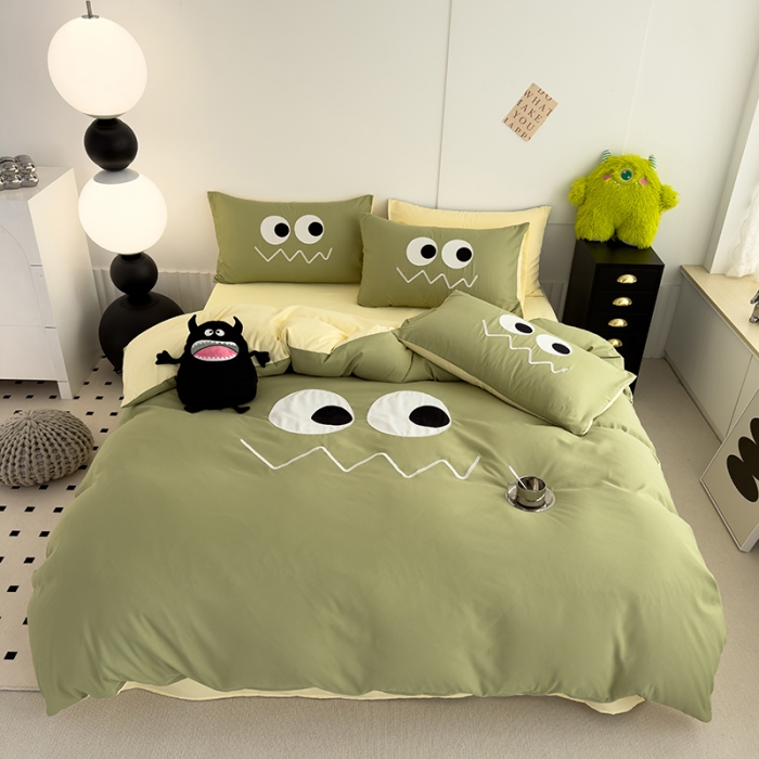 91家纺网 家纺一手货源 找家纺 曼谷 贴布绣四件套小怪兽柔软磨毛床上用品水洗棉套件 小怪兽-奶绿芝士