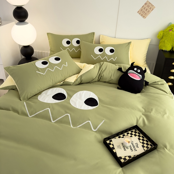 91家纺网 家纺一手货源 找家纺 曼谷 贴布绣四件套小怪兽柔软磨毛床上用品水洗棉套件 小怪兽-奶绿芝士