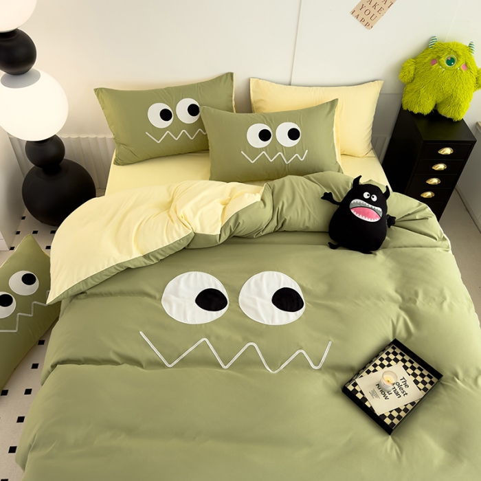 91家纺网 家纺一手货源 找家纺 曼谷 贴布绣四件套小怪兽柔软磨毛床上用品水洗棉套件 小怪兽-奶绿芝士