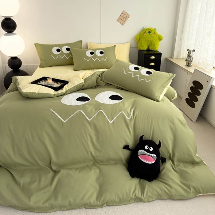 91家纺网 家纺一手货源 找家纺 曼谷 贴布绣四件套小怪兽柔软磨毛床上用品水洗棉套件 小怪兽-奶绿芝士