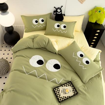 曼谷 贴布绣四件套小怪兽柔软磨毛床上用品水洗棉套件 小怪兽-奶绿芝士