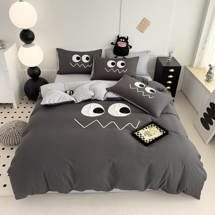 91家纺网 家纺一手货源 找家纺 曼谷 贴布绣四件套小怪兽柔软磨毛床上用品水洗棉套件 小怪兽-雾霾灰