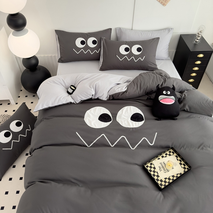 91家纺网 家纺一手货源 找家纺 曼谷 贴布绣四件套小怪兽柔软磨毛床上用品水洗棉套件 小怪兽-雾霾灰