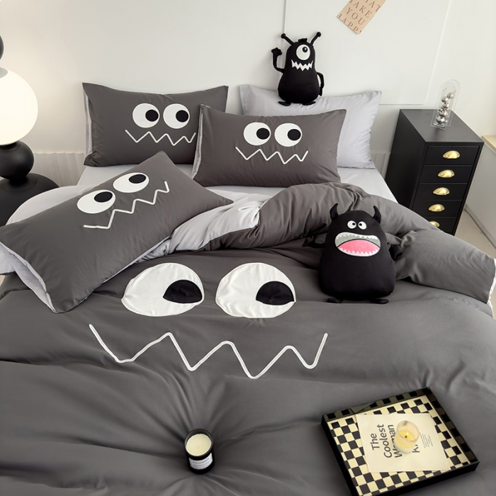 91家纺网 家纺一手货源 找家纺 曼谷 贴布绣四件套小怪兽柔软磨毛床上用品水洗棉套件 小怪兽-雾霾灰