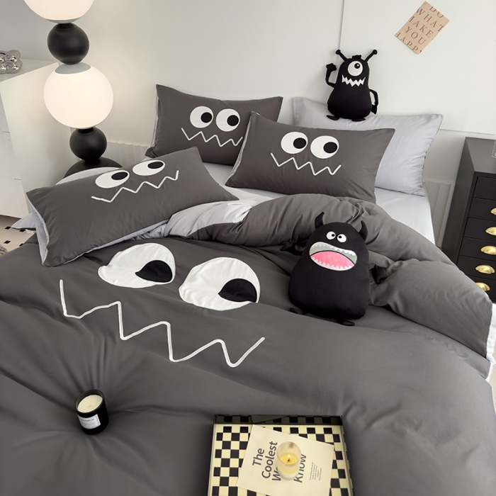 91家纺网 家纺一手货源 找家纺 曼谷 贴布绣四件套小怪兽柔软磨毛床上用品水洗棉套件 小怪兽-雾霾灰