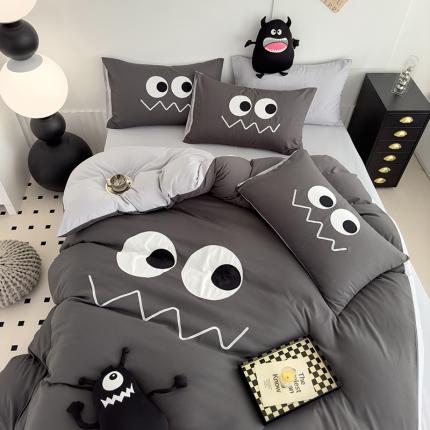 曼谷 贴布绣四件套小怪兽柔软磨毛床上用品水洗棉套件 小怪兽-雾霾灰