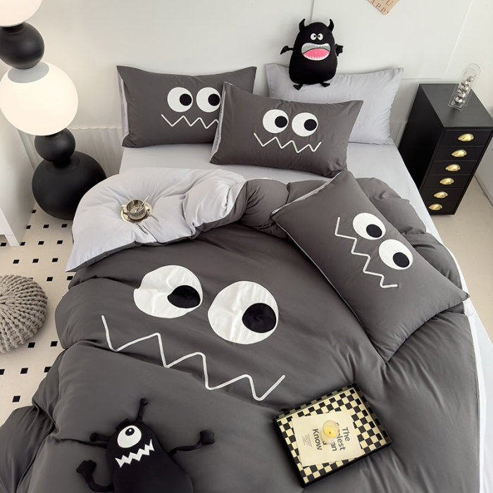 91家纺网 家纺一手货源 找家纺 曼谷 贴布绣四件套小怪兽柔软磨毛床上用品水洗棉套件 小怪兽-雾霾灰