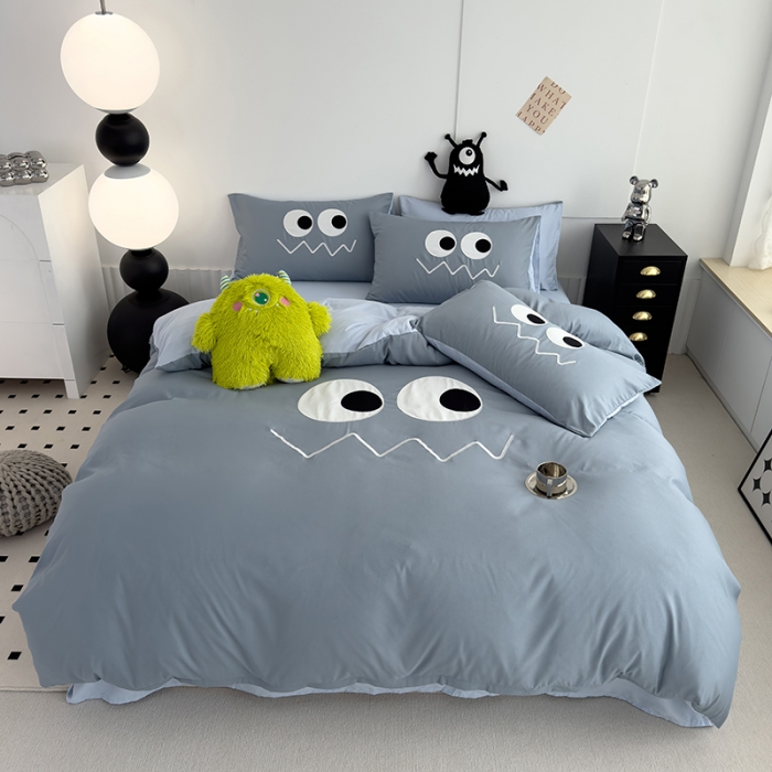 91家纺网 家纺一手货源 找家纺 曼谷 贴布绣四件套小怪兽柔软磨毛床上用品水洗棉套件 小怪兽-雾霾蓝
