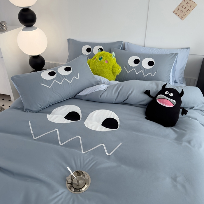 91家纺网 家纺一手货源 找家纺 曼谷 贴布绣四件套小怪兽柔软磨毛床上用品水洗棉套件 小怪兽-雾霾蓝