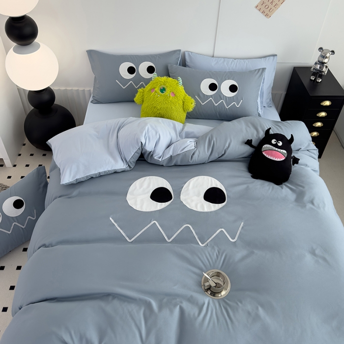 91家纺网 家纺一手货源 找家纺 曼谷 贴布绣四件套小怪兽柔软磨毛床上用品水洗棉套件 小怪兽-雾霾蓝