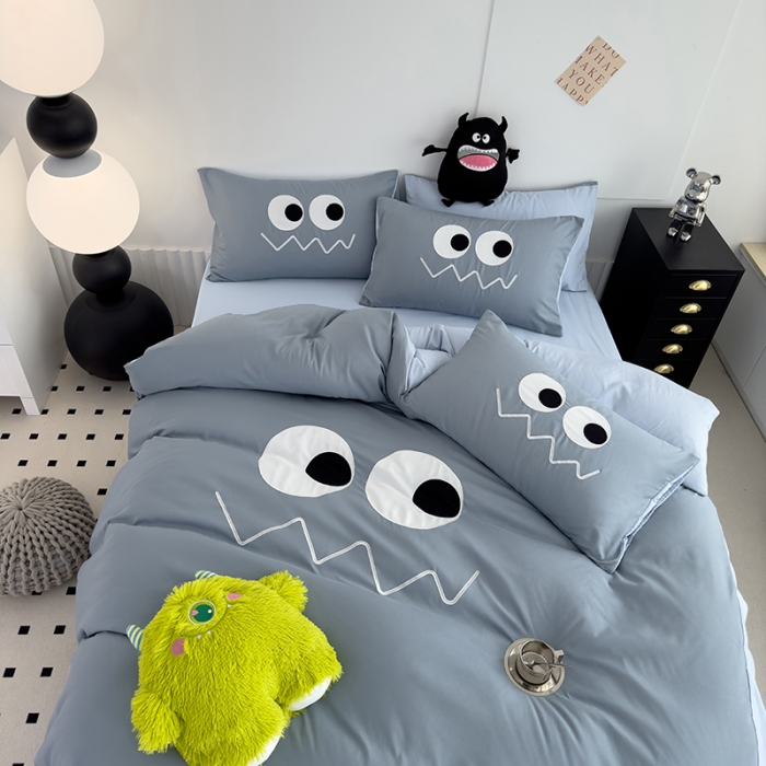 91家纺网 家纺一手货源 找家纺 曼谷 贴布绣四件套小怪兽柔软磨毛床上用品水洗棉套件 小怪兽-雾霾蓝